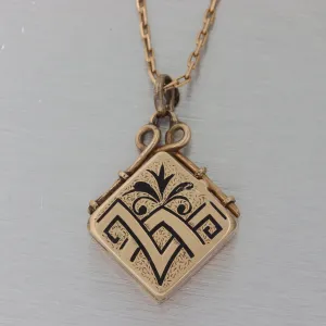 1880s Antique Victorian 14k Gold Floral Black Enamel Locket Pendant Necklace E8