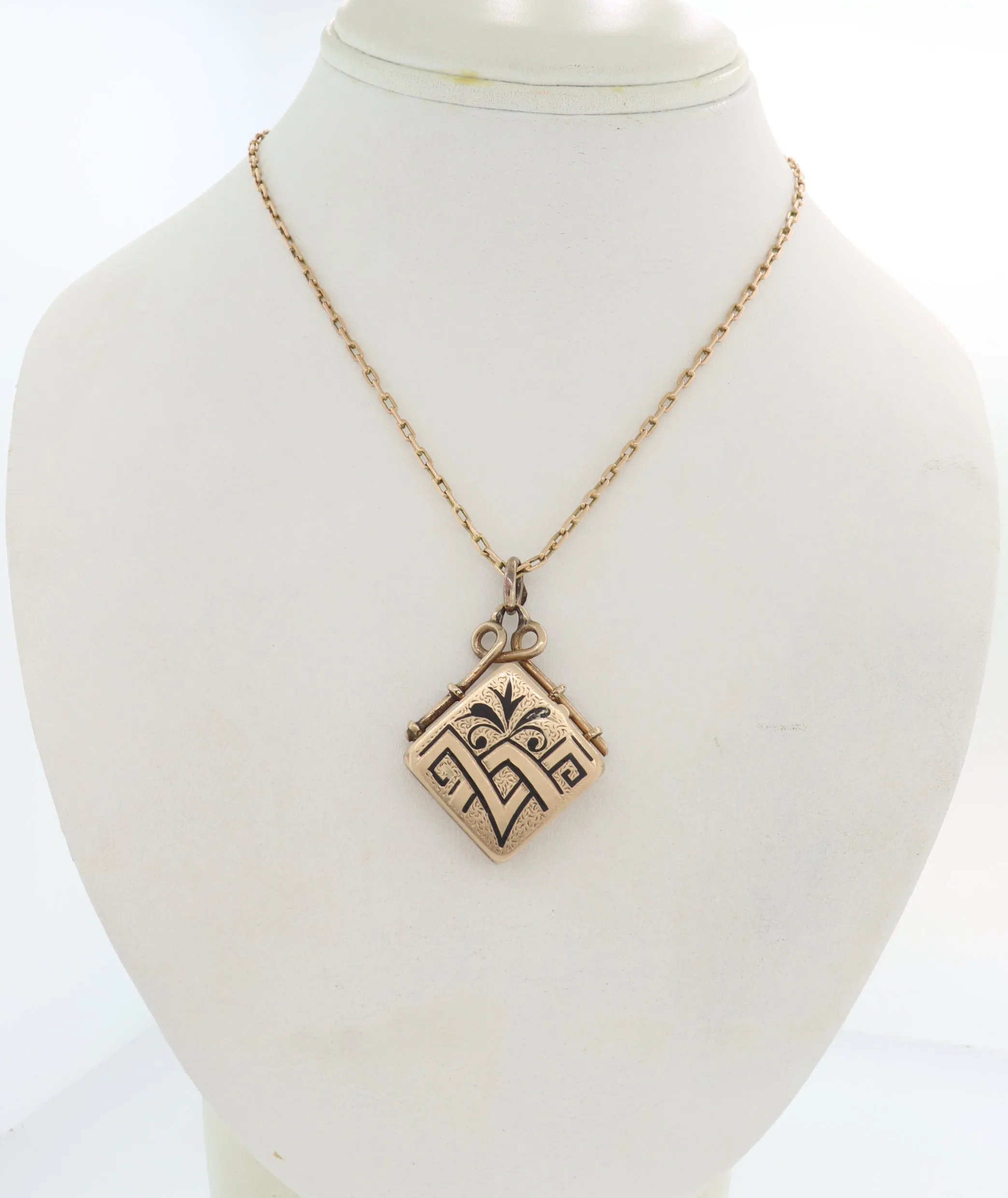 1880s Antique Victorian 14k Gold Floral Black Enamel Locket Pendant Necklace E8