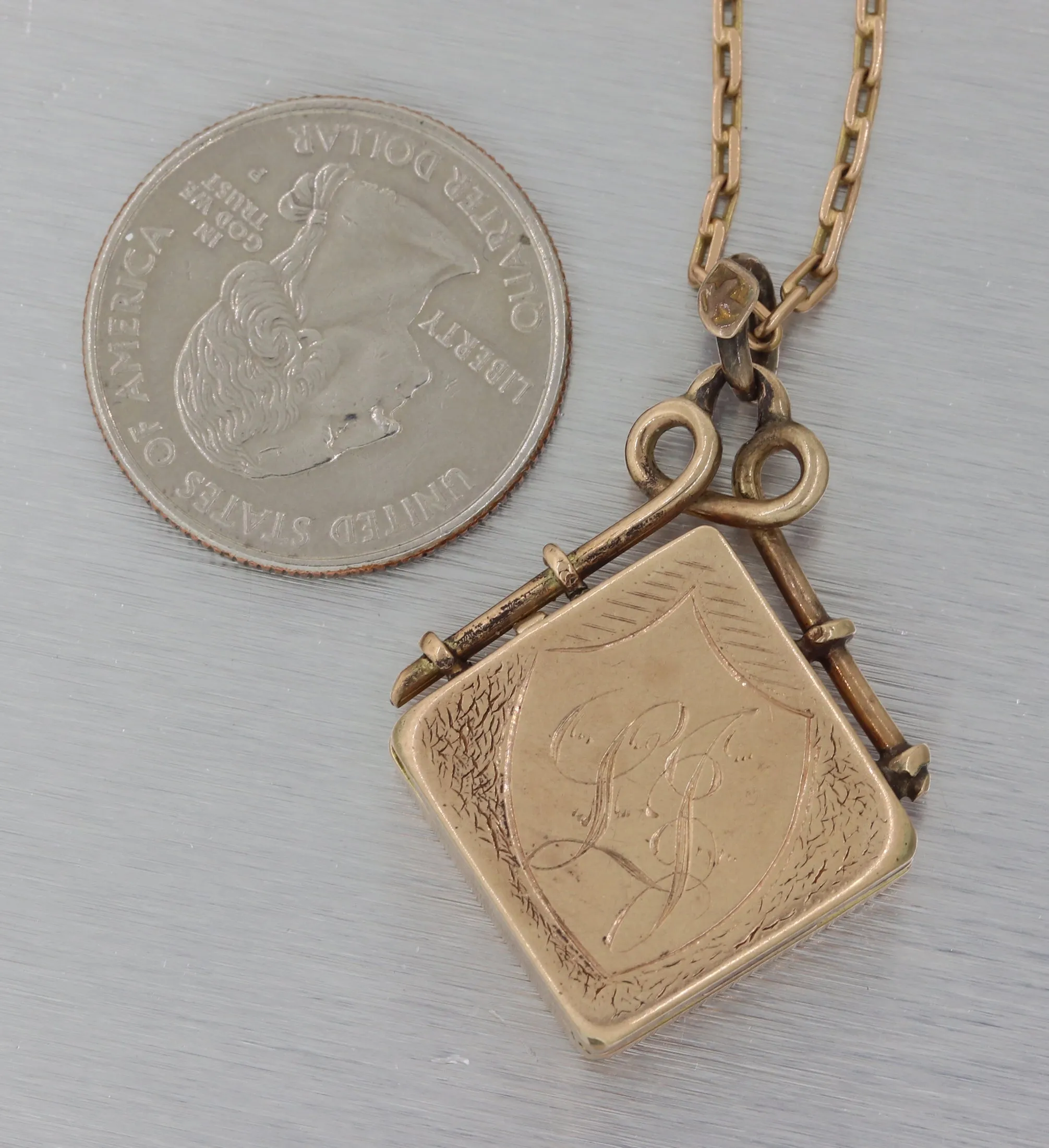 1880s Antique Victorian 14k Gold Floral Black Enamel Locket Pendant Necklace E8