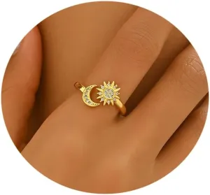 18K Gold Plated Cubic Zirconia Rings for Women Non Tarnish Dainty Stackable CZ Cross Moon Star Clover Leaf Open Ring Eternity Wedding Band Rings Jewelry