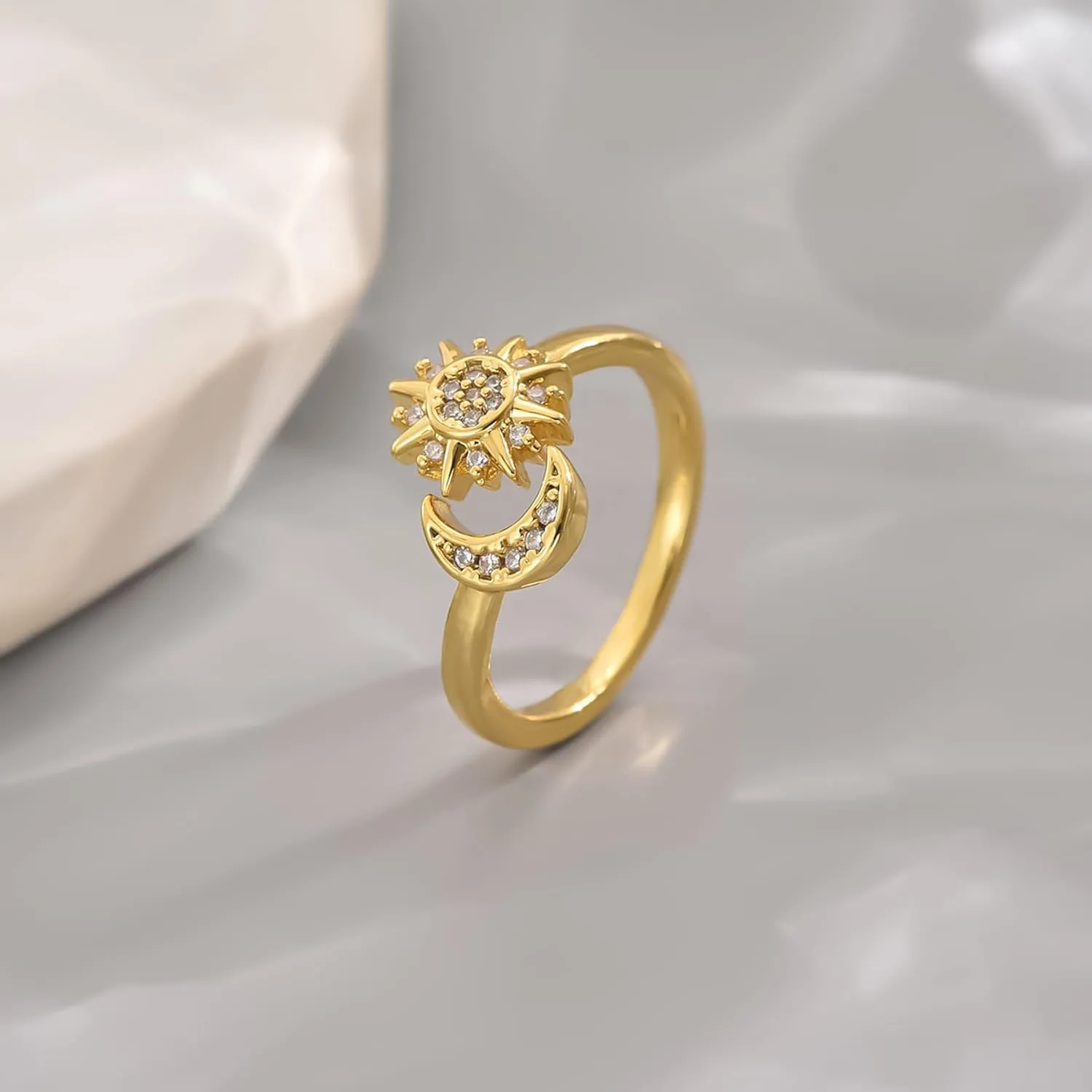 18K Gold Plated Cubic Zirconia Rings for Women Non Tarnish Dainty Stackable CZ Cross Moon Star Clover Leaf Open Ring Eternity Wedding Band Rings Jewelry