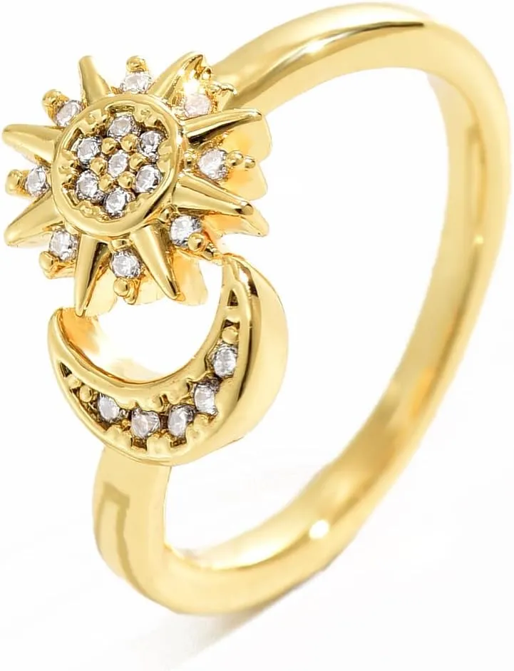 18K Gold Plated Cubic Zirconia Rings for Women Non Tarnish Dainty Stackable CZ Cross Moon Star Clover Leaf Open Ring Eternity Wedding Band Rings Jewelry