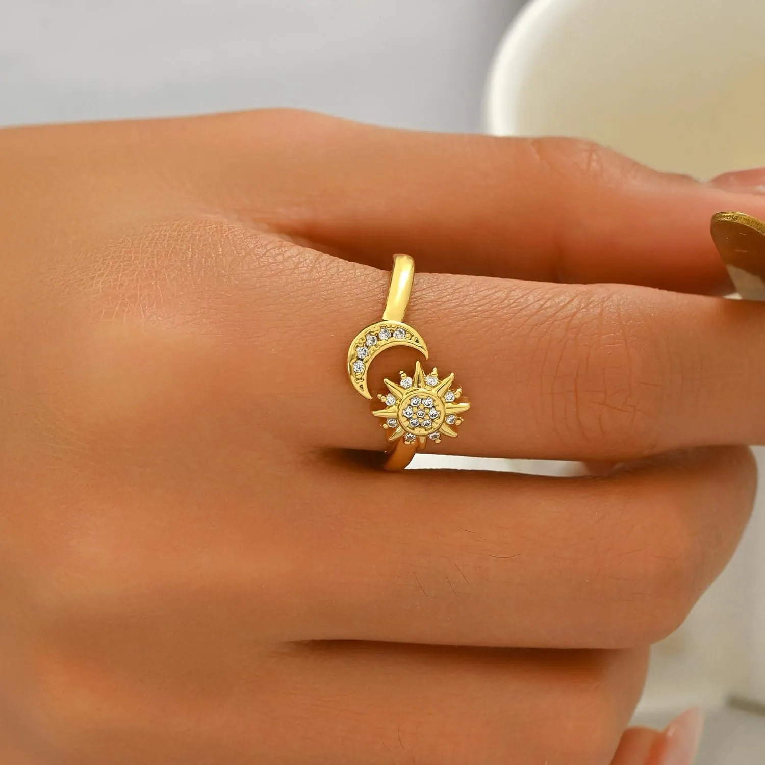 18K Gold Plated Cubic Zirconia Rings for Women Non Tarnish Dainty Stackable CZ Cross Moon Star Clover Leaf Open Ring Eternity Wedding Band Rings Jewelry