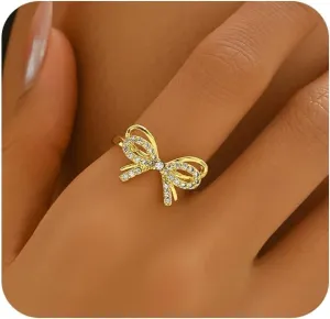 18K Gold Plated Stackable Bow Rings for Women Dainty Adjustable Open Cubic Zirconia Friendship Bow Knot Rings