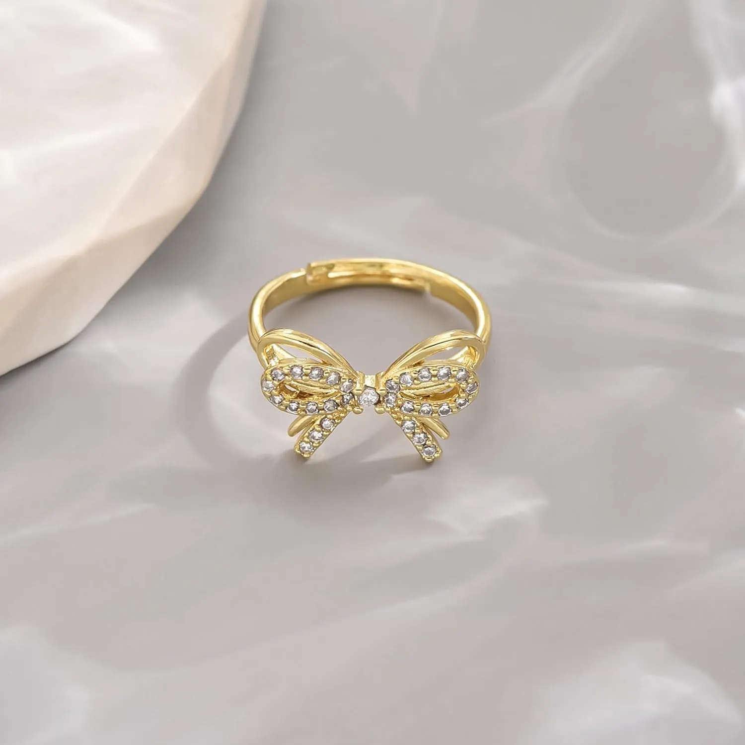 18K Gold Plated Stackable Bow Rings for Women Dainty Adjustable Open Cubic Zirconia Friendship Bow Knot Rings