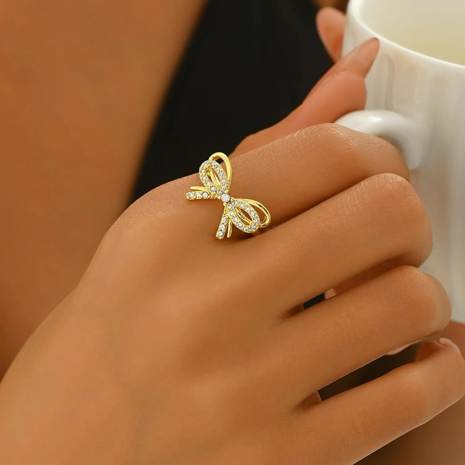 18K Gold Plated Stackable Bow Rings for Women Dainty Adjustable Open Cubic Zirconia Friendship Bow Knot Rings