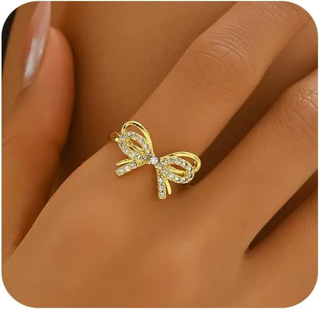 18K Gold Plated Stackable Bow Rings for Women Dainty Adjustable Open Cubic Zirconia Friendship Bow Knot Rings