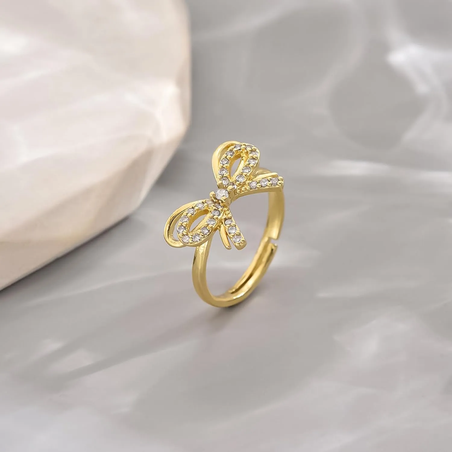 18K Gold Plated Stackable Bow Rings for Women Dainty Adjustable Open Cubic Zirconia Friendship Bow Knot Rings