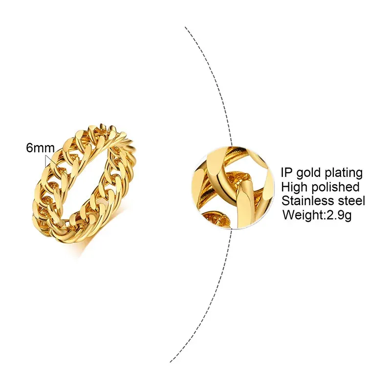 6mm Thick Chunky Chain Ring Cuban Curb Link Stainless Steel Stylish Ring for Women Girls