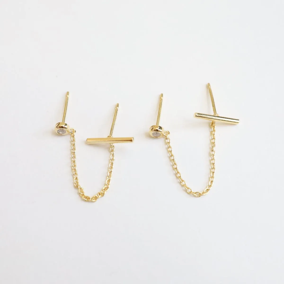 CZ & Bar with Chain Double Pierced Studs - Gold Vermeil