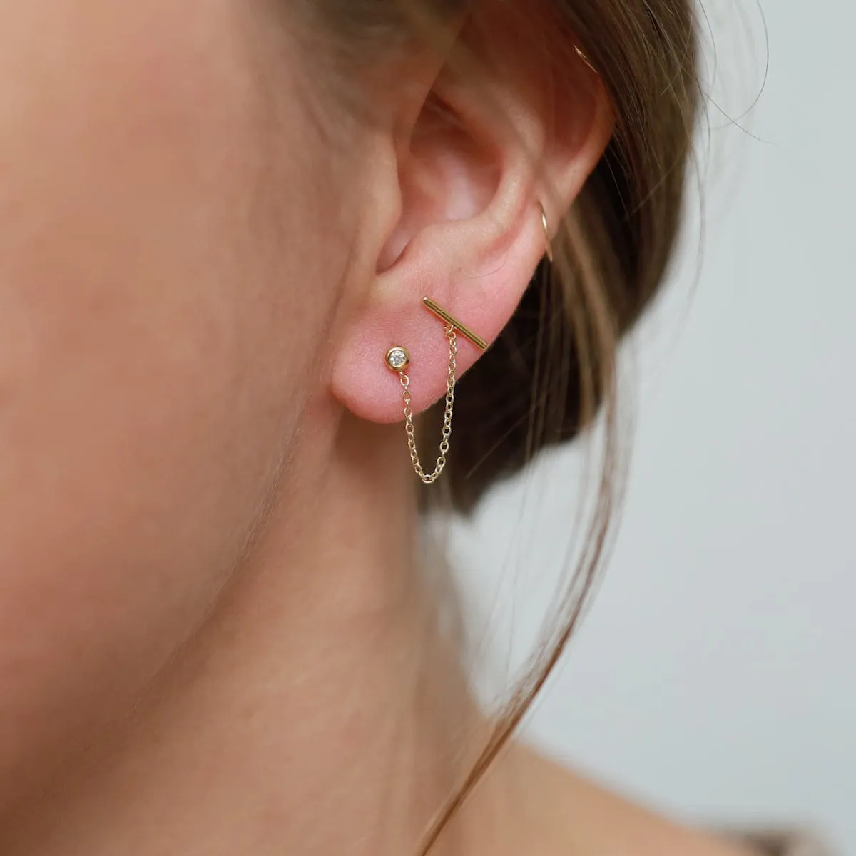 CZ & Bar with Chain Double Pierced Studs - Gold Vermeil