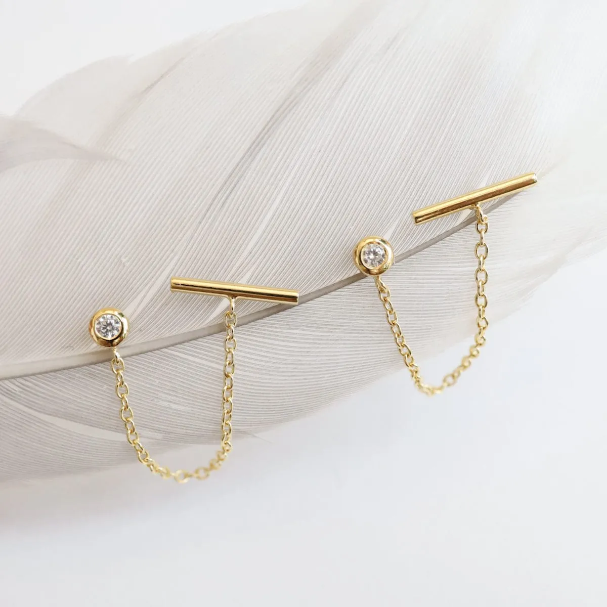 CZ & Bar with Chain Double Pierced Studs - Gold Vermeil
