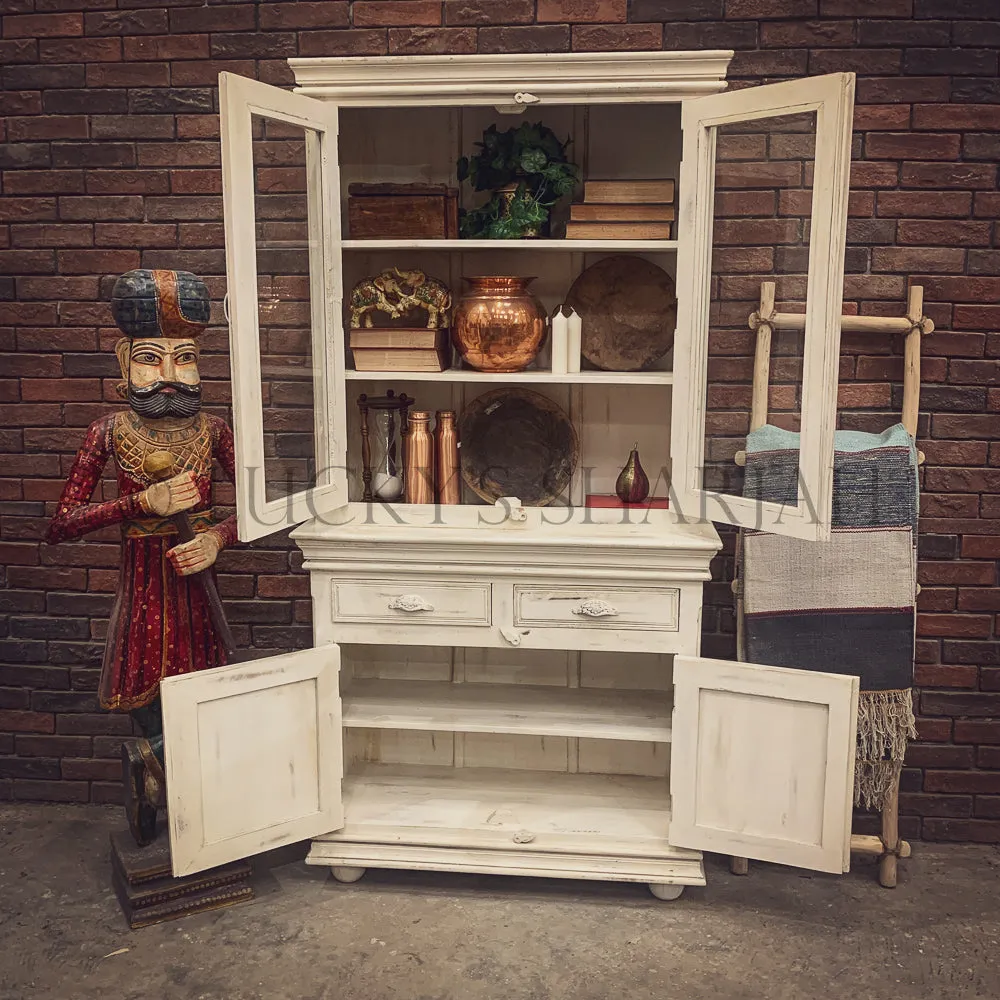 Distress White Glass Cabinet