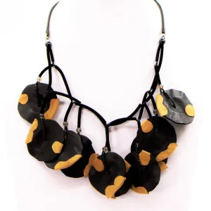Double layer calf leather disc components statement necklace
