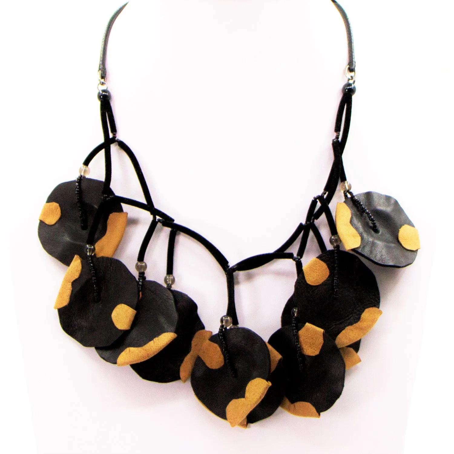 Double layer calf leather disc components statement necklace