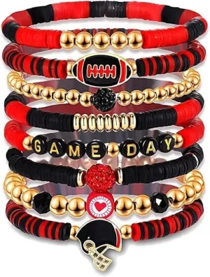Game Day Bracelets for Women Football Bracelets Stackable Heishi Clay Beaded Stretch Bracelets Charm Sports Fan Charm Bracelet Bangles Football Mom Accessories Jewelry Gifts