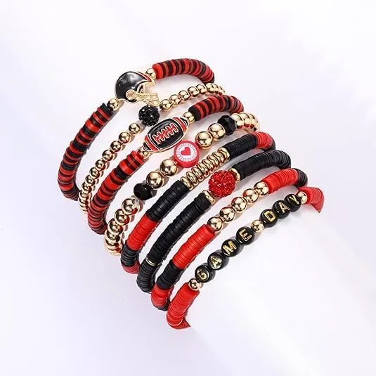 Game Day Bracelets for Women Football Bracelets Stackable Heishi Clay Beaded Stretch Bracelets Charm Sports Fan Charm Bracelet Bangles Football Mom Accessories Jewelry Gifts
