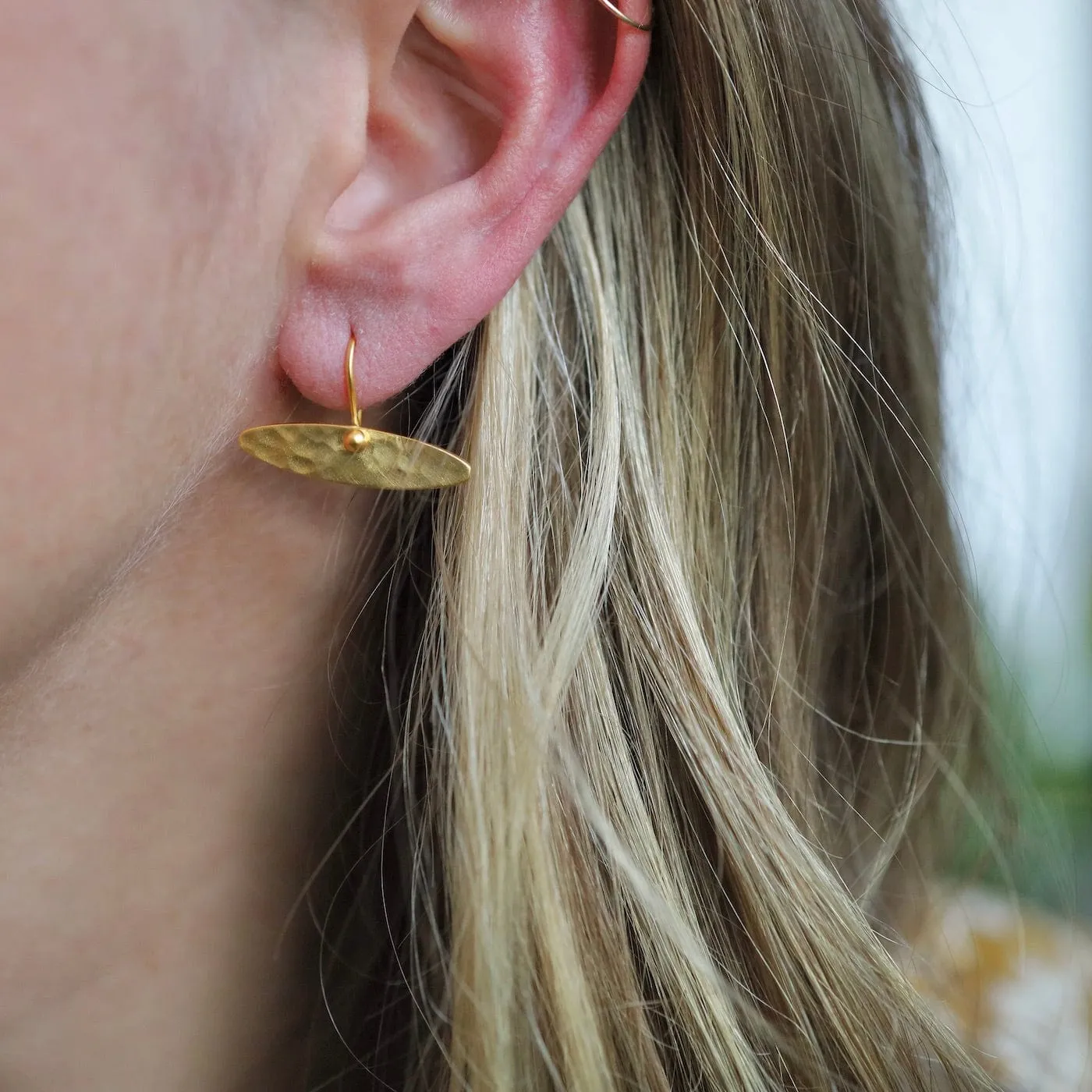 Gold Plated Hammered Elliptical Drop Earrings