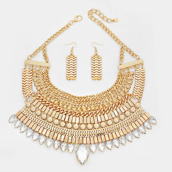 iLLASPARKZ Crystal Teardrop Metal Chain Statement Fan Bib Necklace