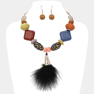 iLLASPARKZ Ethic Chunky Wooden Natural Stone Beaded Feather Pendant Statement Necklace