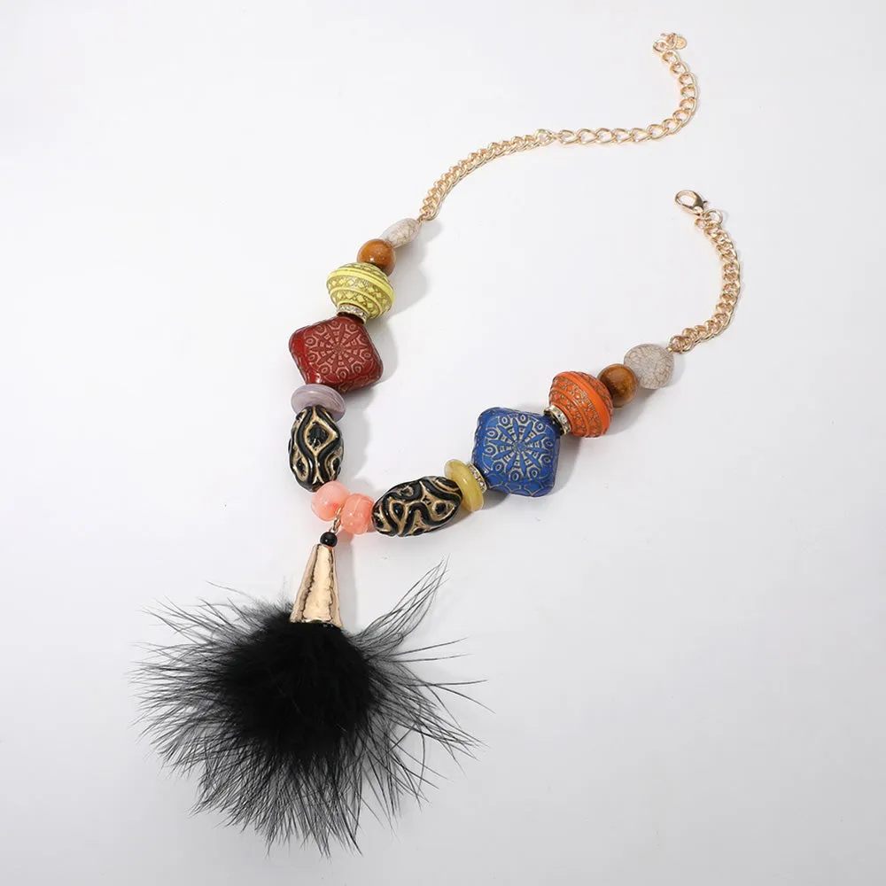 iLLASPARKZ Ethic Chunky Wooden Natural Stone Beaded Feather Pendant Statement Necklace