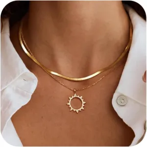 Layered Necklaces for Women,14K Gold/Silver Necklace Set Simple Layered Necklaces Herringbone Twisted Lip Chain Dainty Pendant Necklace Jewelry
