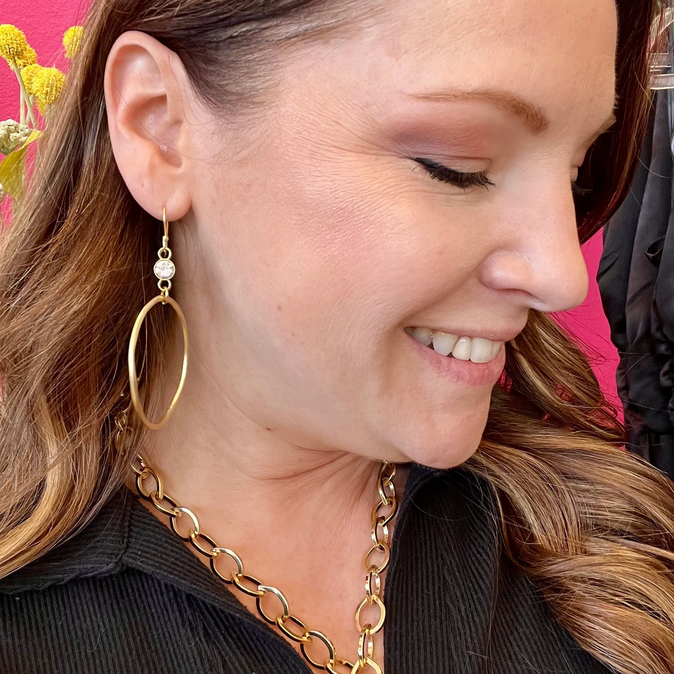LNL Antique Gold Crystal Circle Earrings