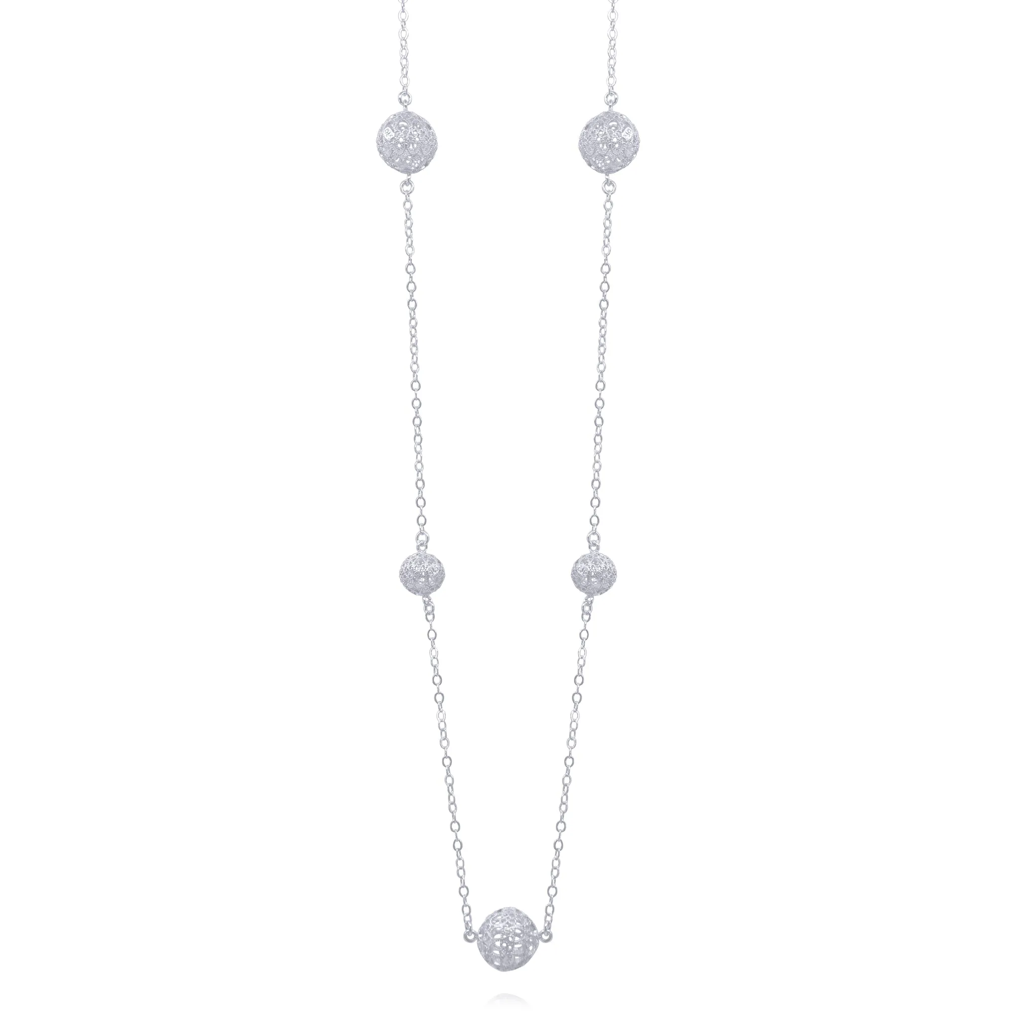 LUCRECIA SILVER LONG NECKLACE FIVE SPHERES FILIGREE