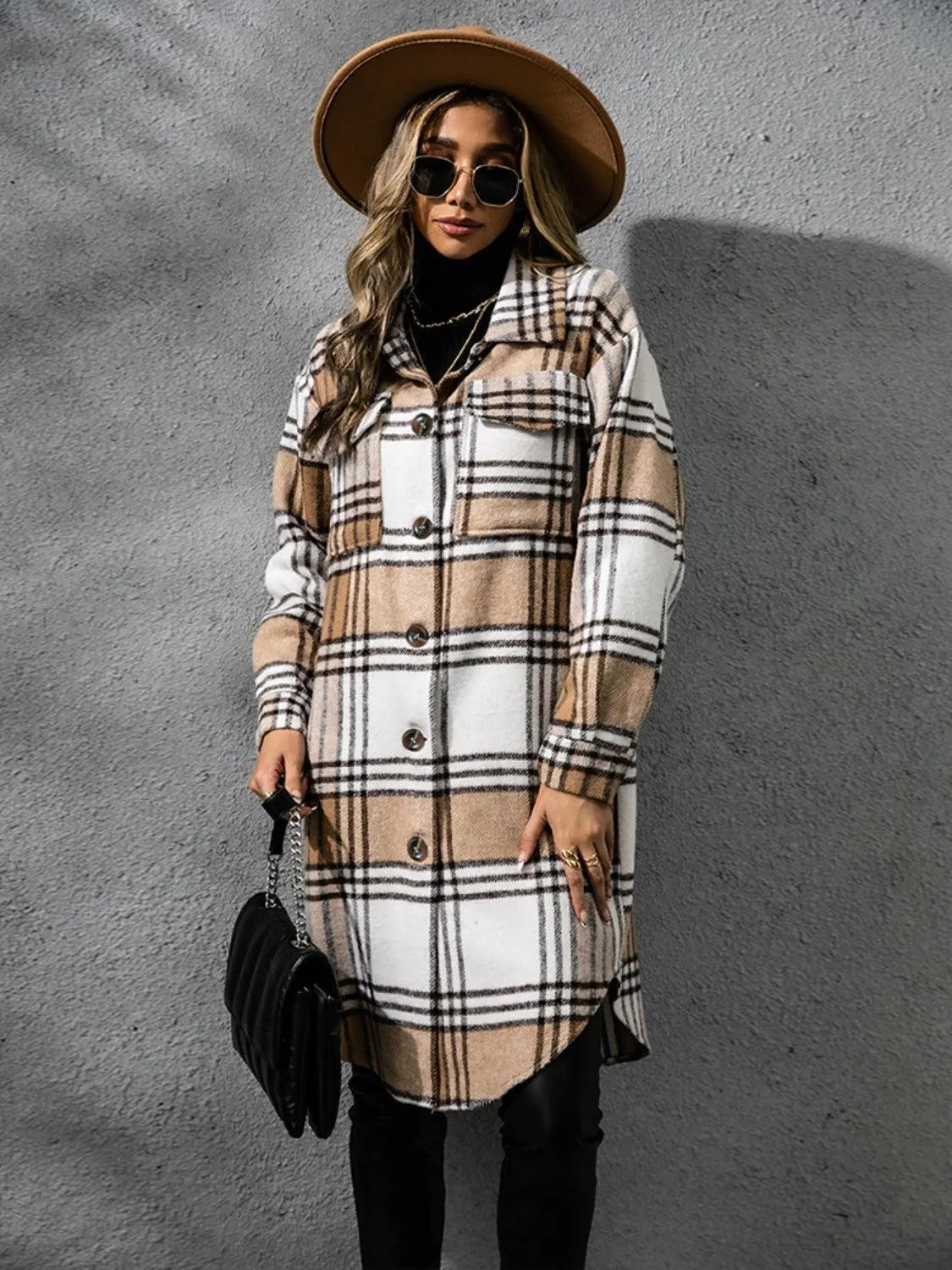 Plaid Coat Collared Neck Long Sleeve Pocketed Outwear