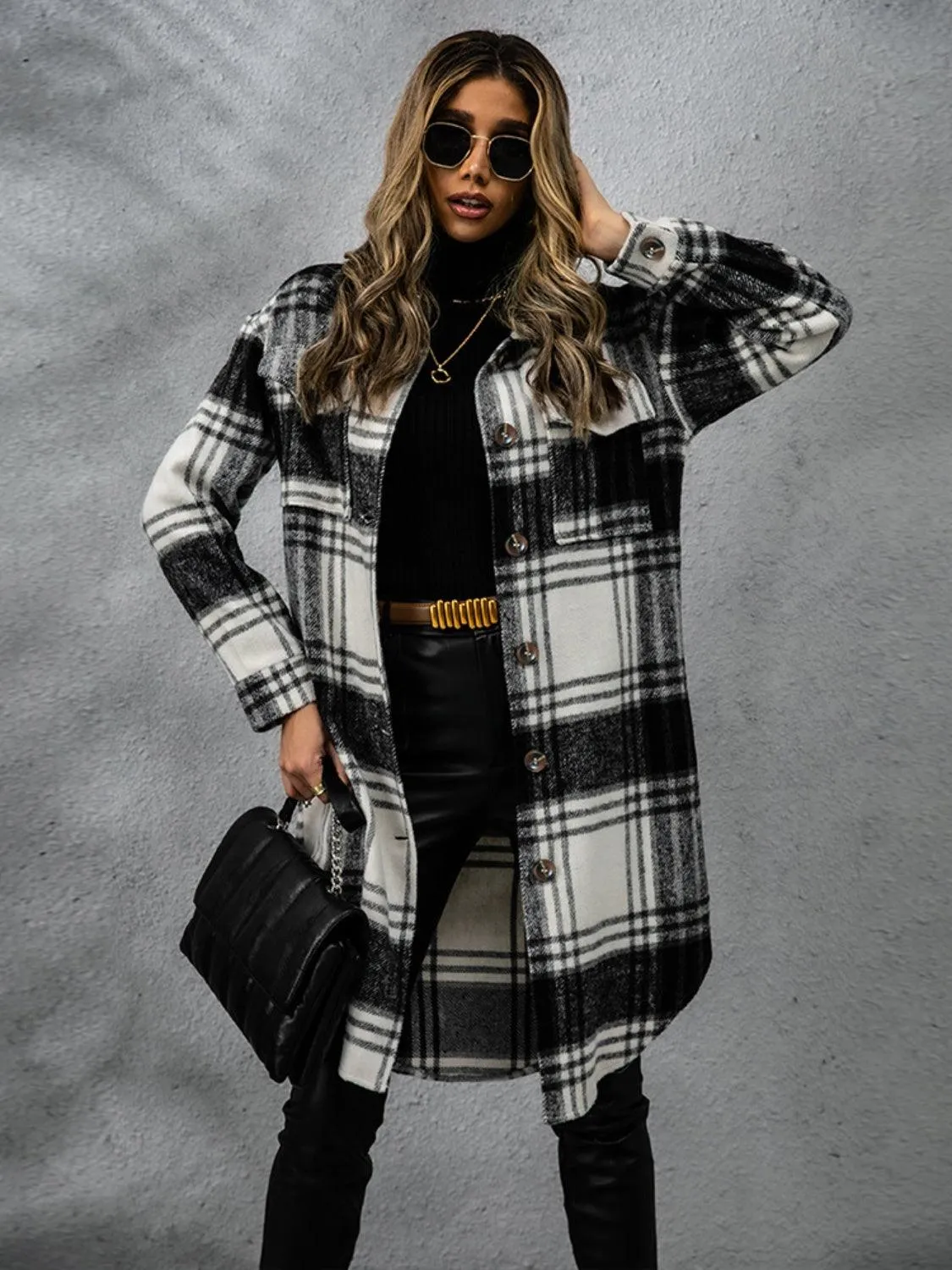 Plaid Coat Collared Neck Long Sleeve Pocketed Outwear