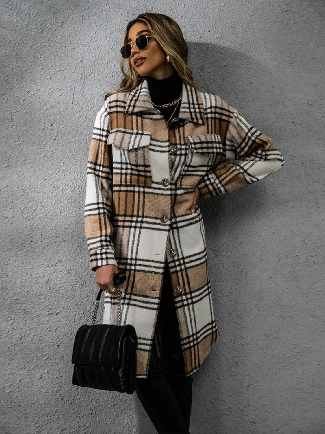 Plaid Coat Collared Neck Long Sleeve Pocketed Outwear