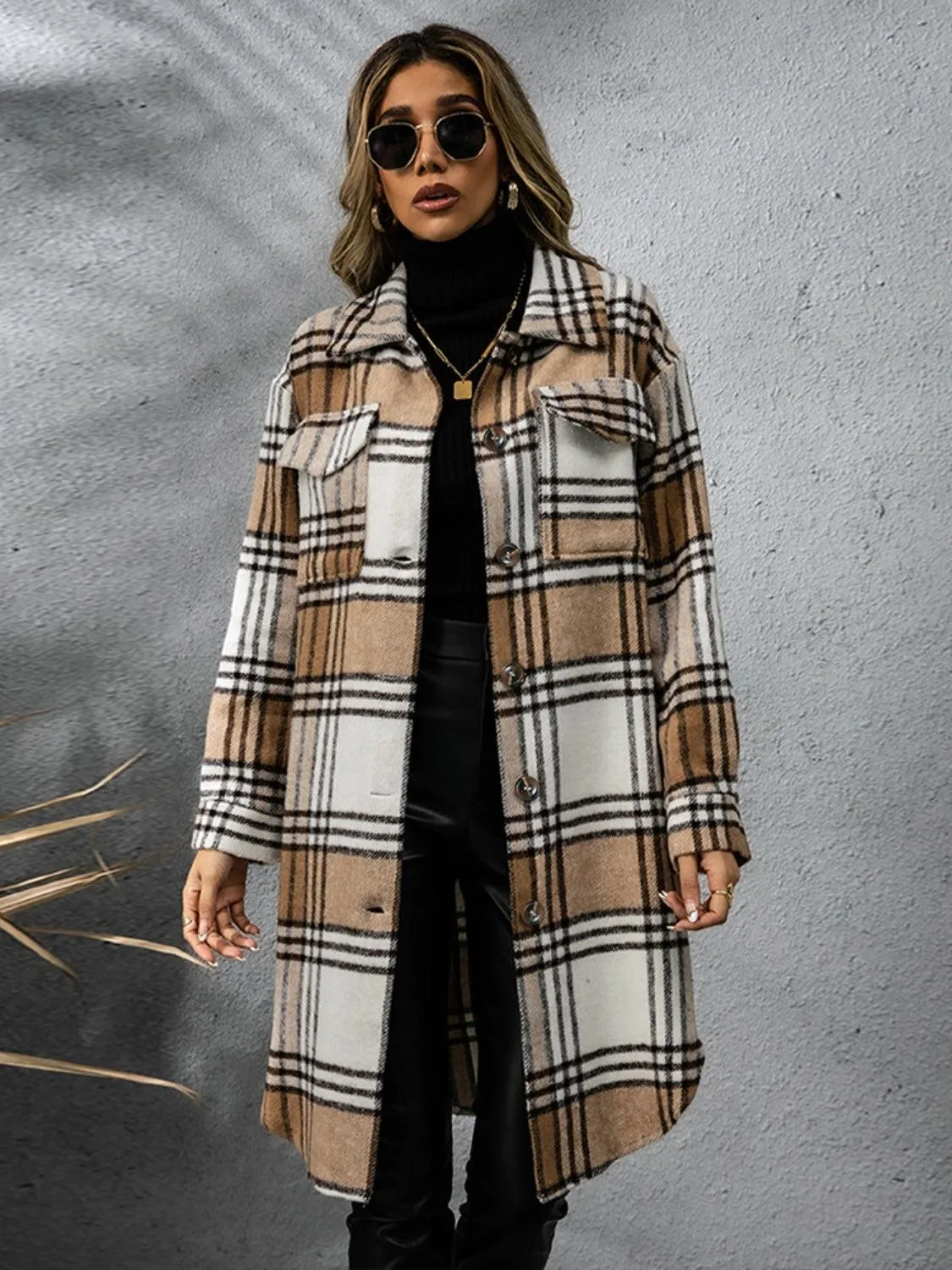 Plaid Coat Collared Neck Long Sleeve Pocketed Outwear