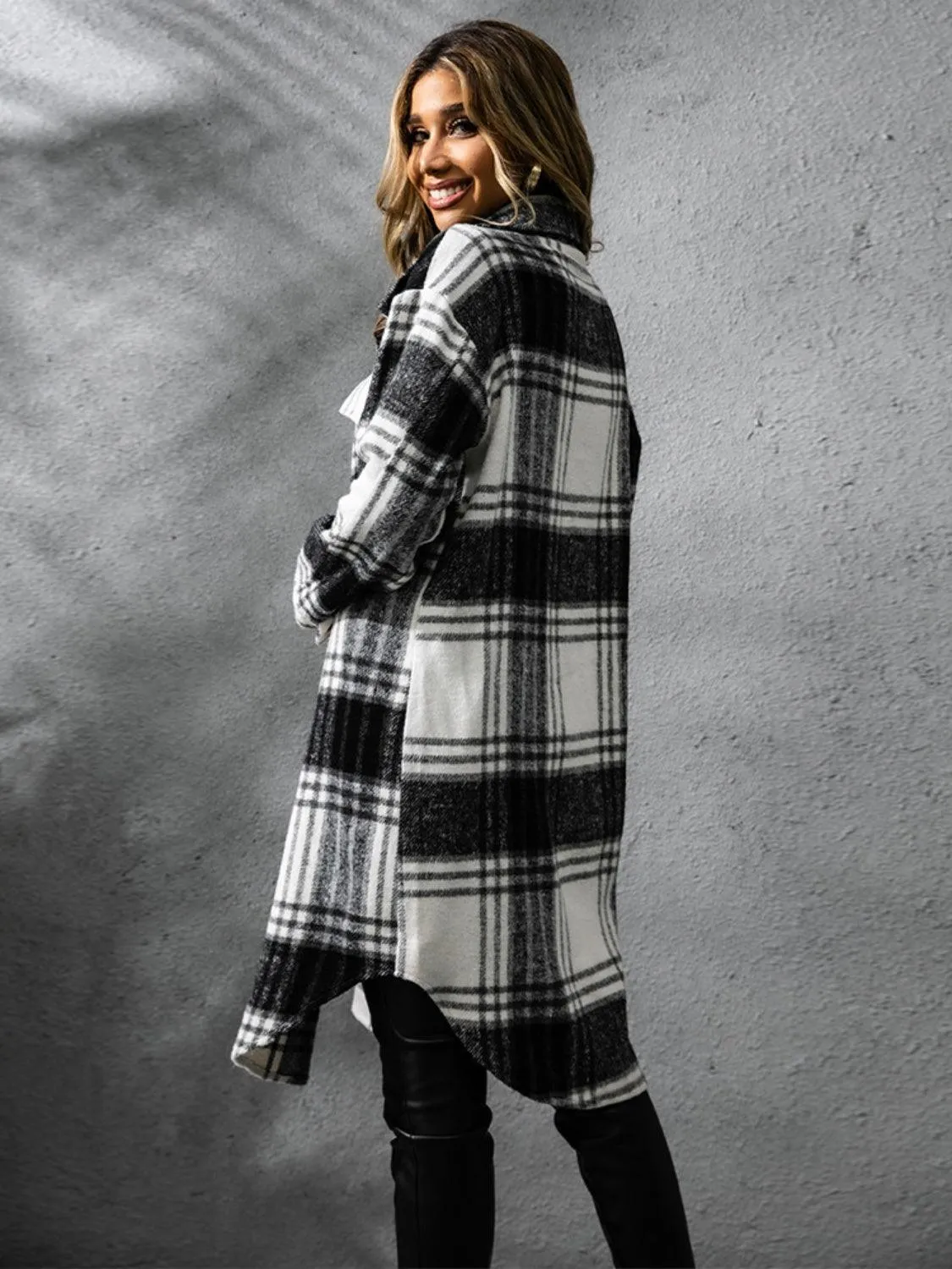 Plaid Coat Collared Neck Long Sleeve Pocketed Outwear