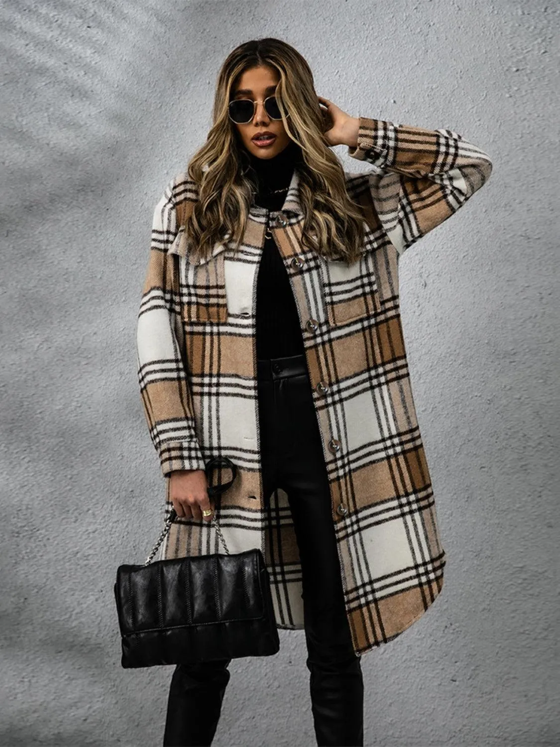 Plaid Coat Collared Neck Long Sleeve Pocketed Outwear