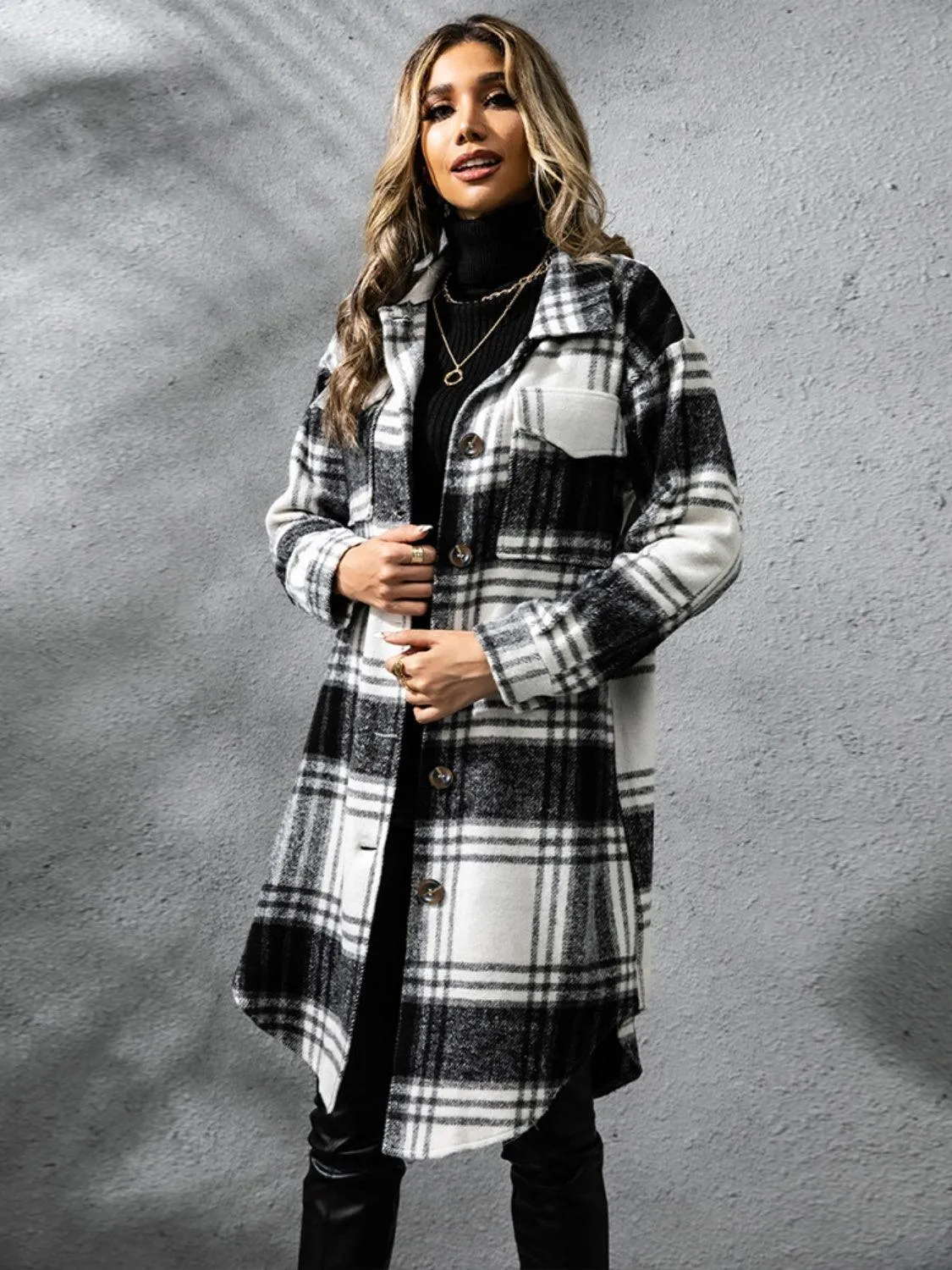 Plaid Coat Collared Neck Long Sleeve Pocketed Outwear