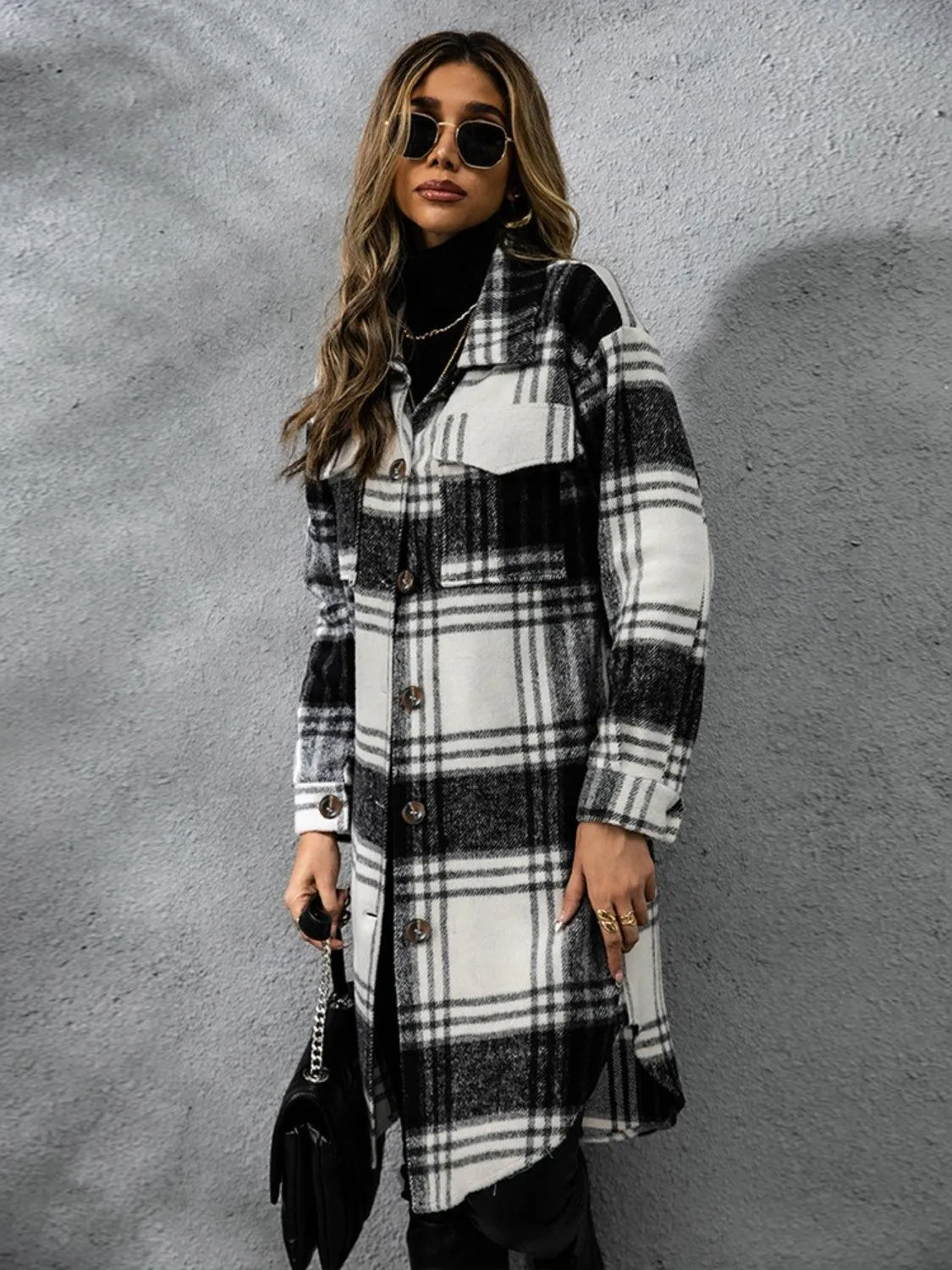 Plaid Coat Collared Neck Long Sleeve Pocketed Outwear