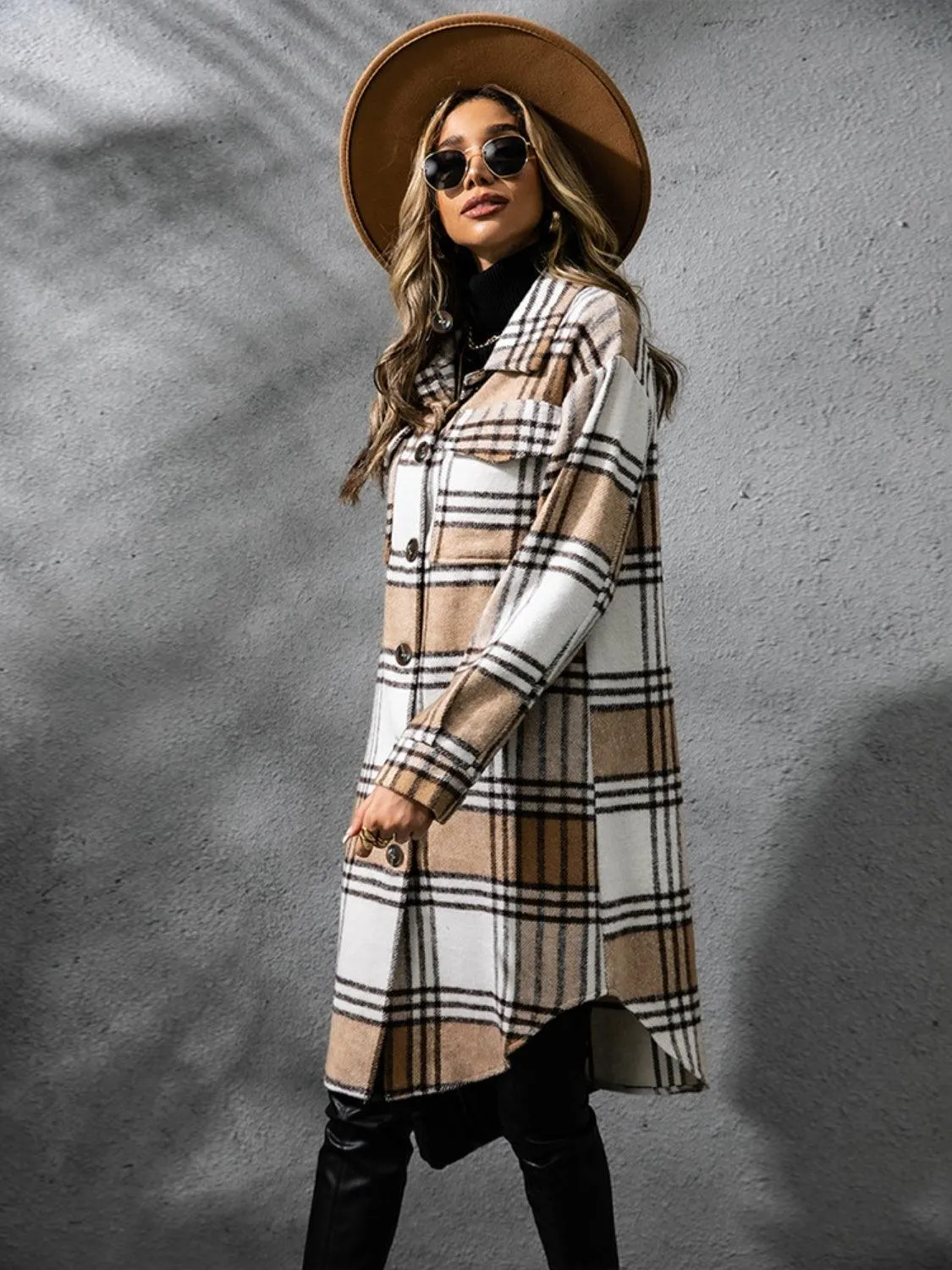 Plaid Coat Collared Neck Long Sleeve Pocketed Outwear