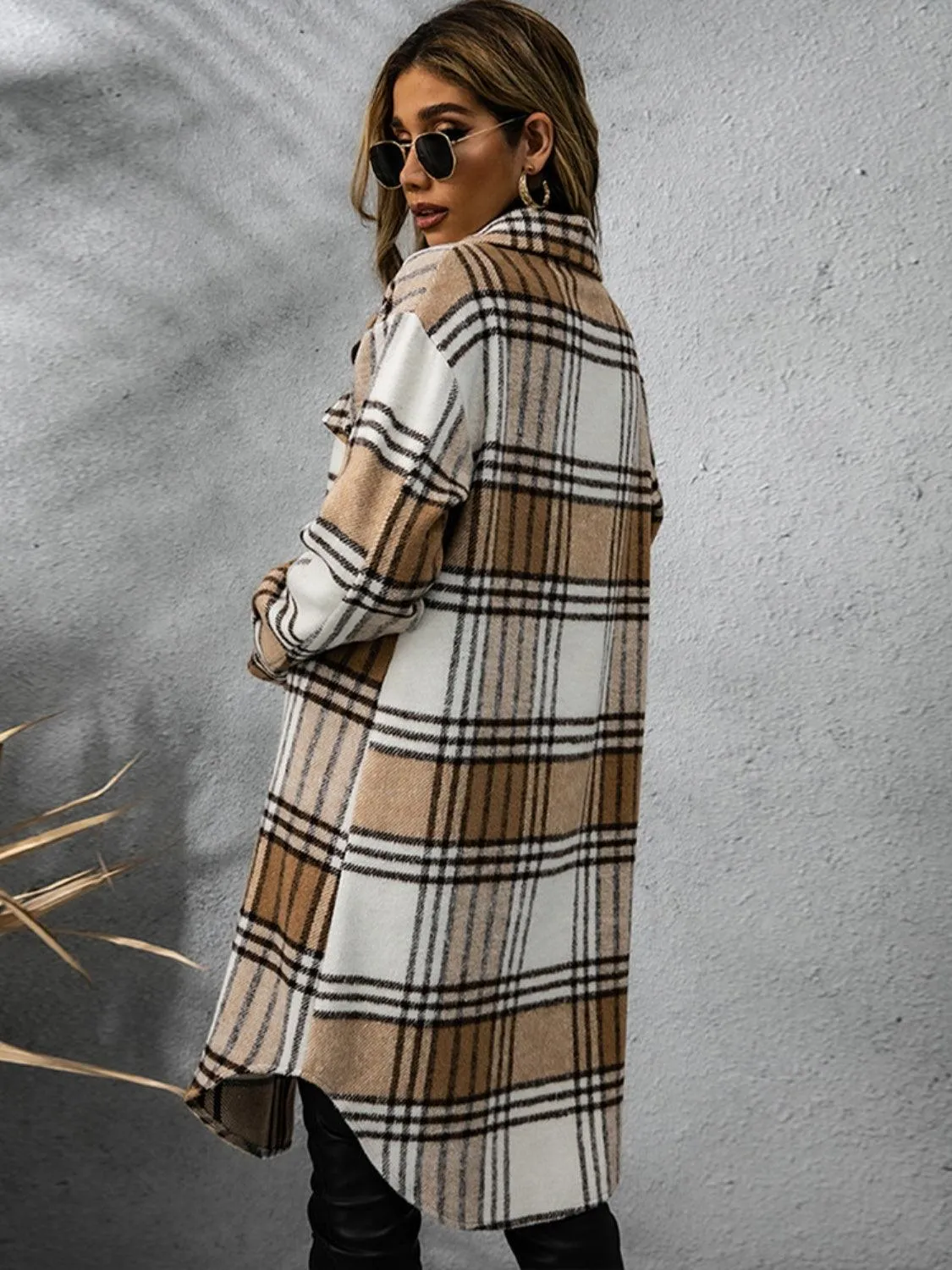 Plaid Coat Collared Neck Long Sleeve Pocketed Outwear