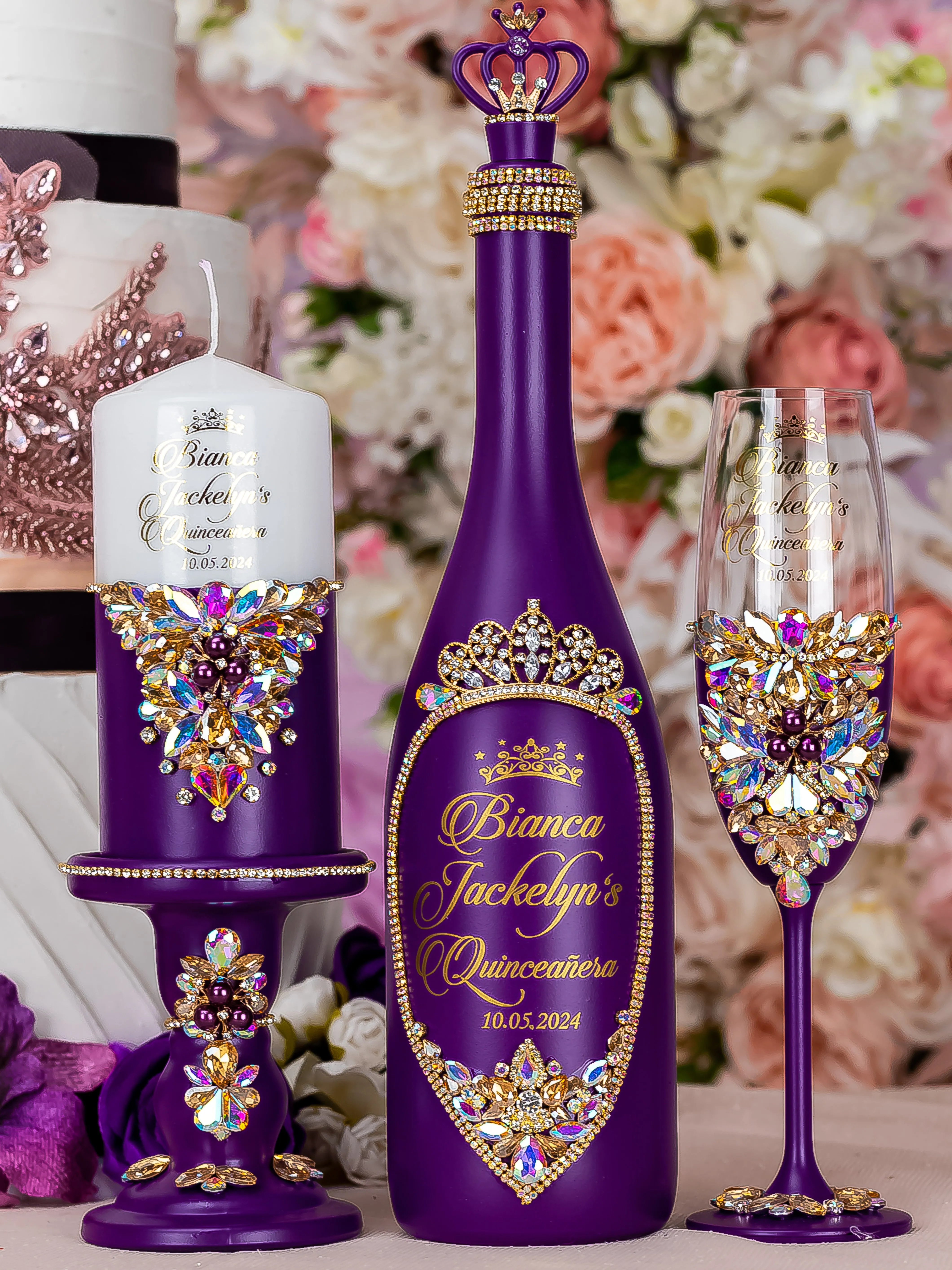 Plum 2 quinceanera champagne glasses