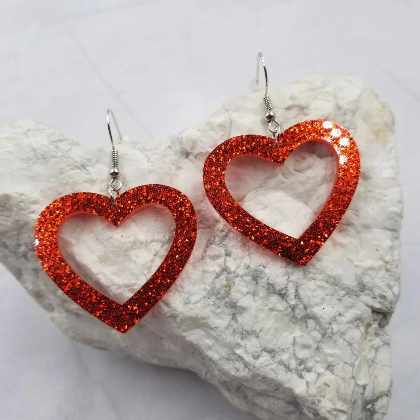 Red Glitter Heart Dangle Earrings