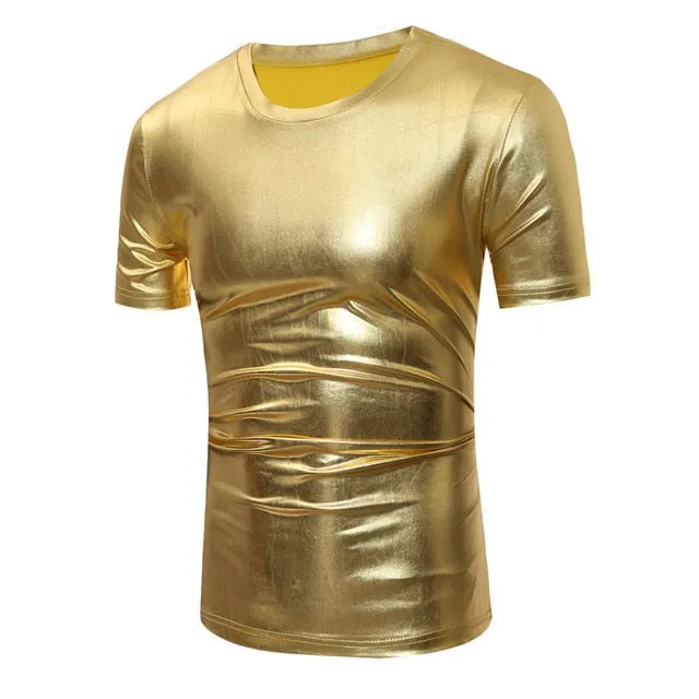 Shiny Coated Metallic V-Neck  Casual Style Men T-Shirt