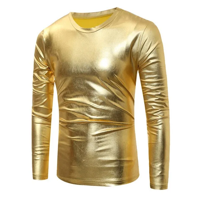 Shiny Coated Metallic V-Neck  Casual Style Men T-Shirt
