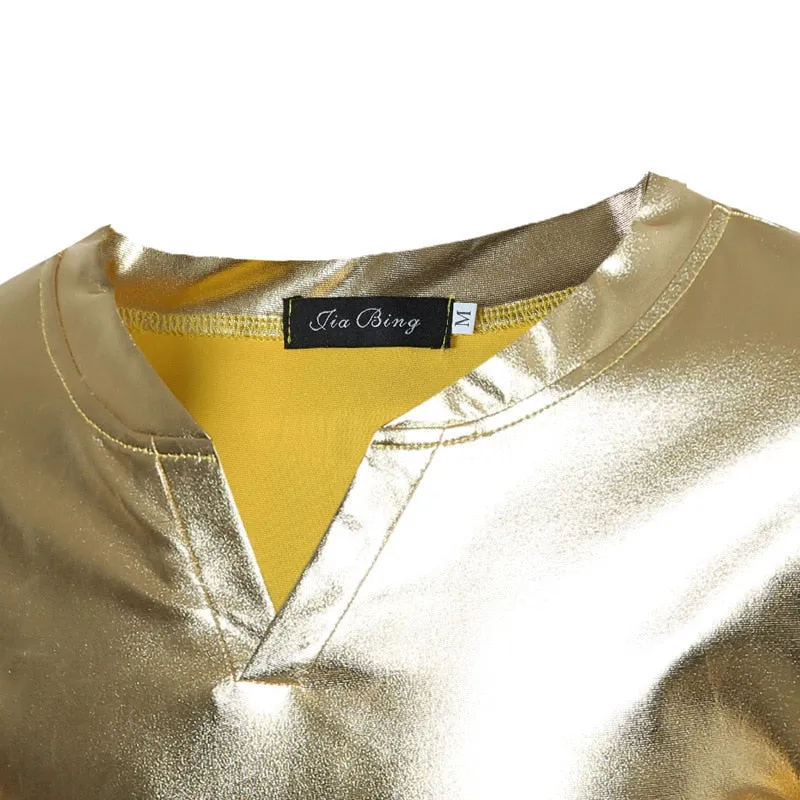 Shiny Coated Metallic V-Neck  Casual Style Men T-Shirt