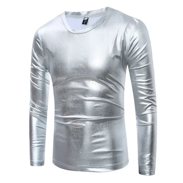 Shiny Coated Metallic V-Neck  Casual Style Men T-Shirt