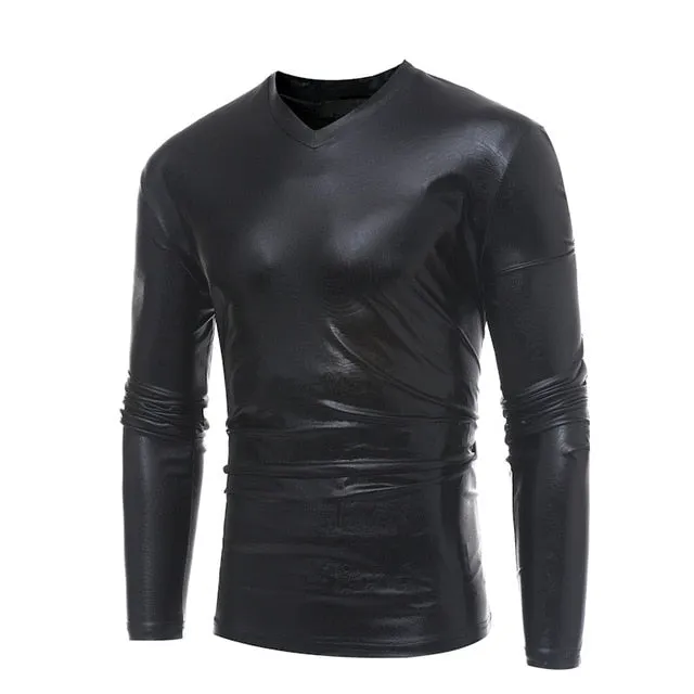Shiny Coated Metallic V-Neck  Casual Style Men T-Shirt