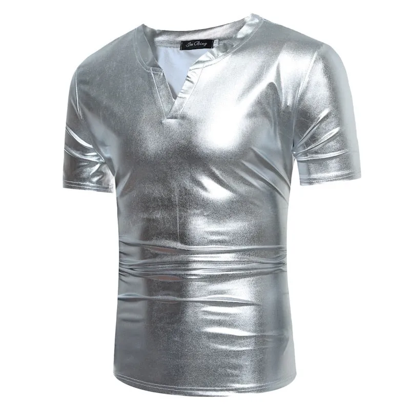 Shiny Coated Metallic V-Neck  Casual Style Men T-Shirt