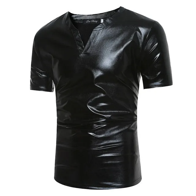 Shiny Coated Metallic V-Neck  Casual Style Men T-Shirt