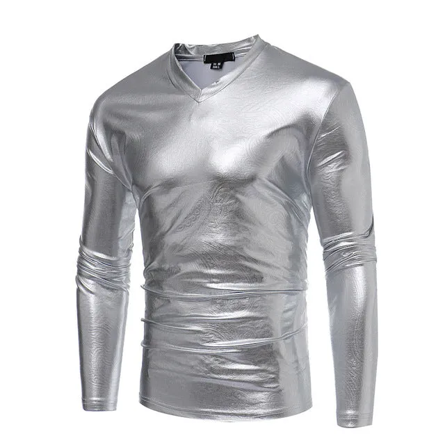 Shiny Coated Metallic V-Neck  Casual Style Men T-Shirt