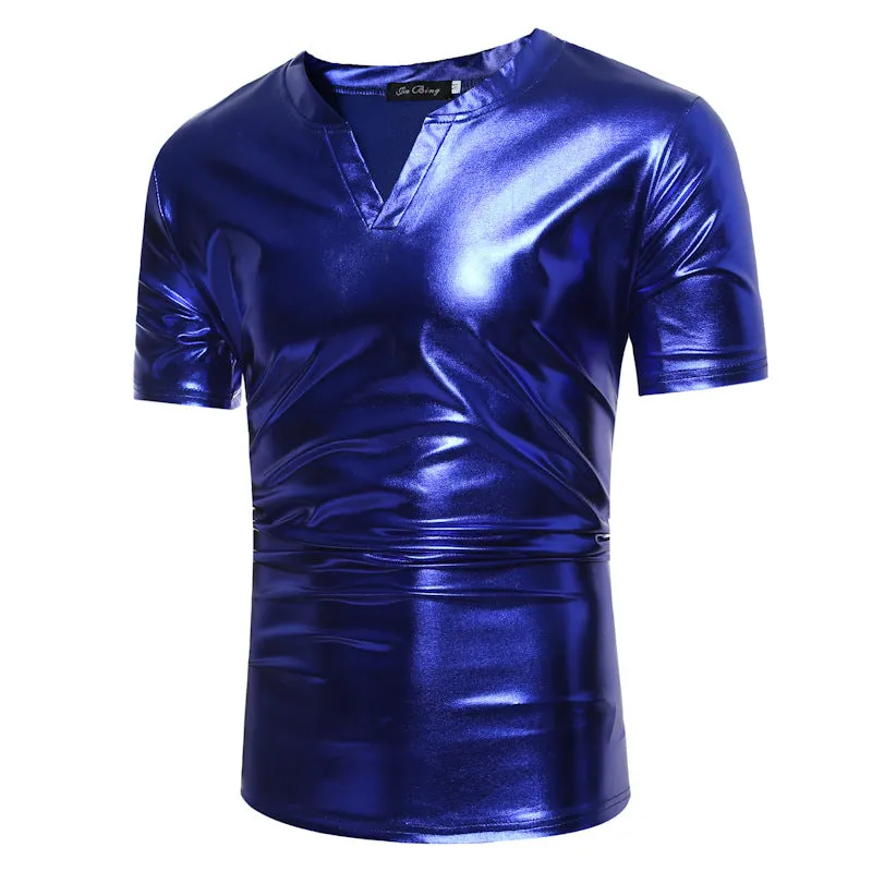 Shiny Coated Metallic V-Neck  Casual Style Men T-Shirt