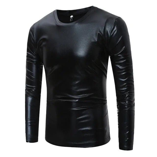 Shiny Coated Metallic V-Neck  Casual Style Men T-Shirt